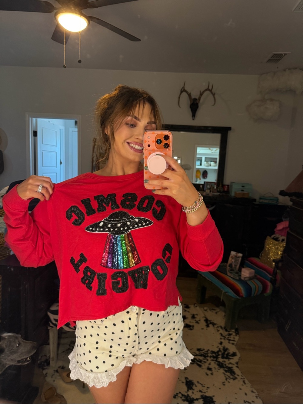 Judith March Cosmic Cowgirl Red Long Sleeve Women's Top